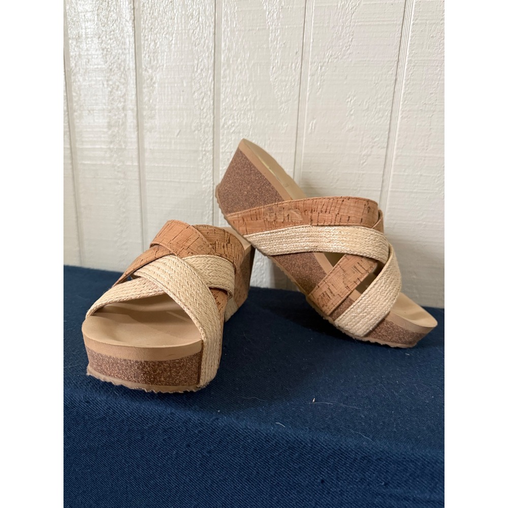 Volatile Womens Tan Cork Woven Raffia Platform Wedge Slide Sandals Size 8